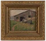 NEW ENGLAND COASTAL LANDSCAPE WITH FISHING SHACK AND SKIFF by Fred G. Quimby, oil on canvas board, sold Apr 2026