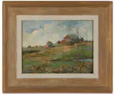 LANDSCAPE WITH BARNS by Leo Schnitzspahn, oil on board, sold Apr 2026