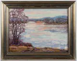 LANDSCAPE WITH MOUNTAIN LAKE by John C. Pierson, oil on board, sold Apr 2026