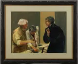 PORTRAIT OF THREE WOMEN by Pat Cook, acrylic on board, sold Apr 2026