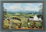 FOLK ART , EVERYONE'S GATHERING FOR THE WEDDING AT MT. TABOR SCENE by Mary Ann Vessey, oil on panel, sold Mar 2026