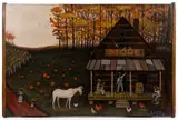 FOLK ART GENRE SCENE PAINTING by Arthur E. Glazier, oil on panel (appears to be an old cutting board), sold Mar 2026