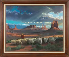 NATIVE AMERICAN SHEPHERDESS PAINTING by Redwing Nez, oil on canvas, sold Mar 2026