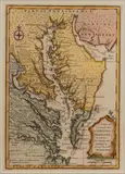 MAP OF VIRGINIA, MARYLAND, AND THE CHESAPEAKE BAY by Emanuel Bowen, hand-colored engraving on laid paper, sold Nov 2025