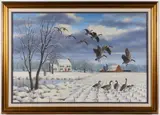 WINTER SPORTING LANDSCAPE WITH CANADA GEESE by Guy Crittenden, oil / acrylic on canvas, sold Nov 2025
