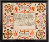 FOLK ART FRAKTUR BIRTH AND BAPTISMAL RECORD by Martin Brechall, watercolor and ink on paper, sold Nov 2025