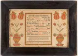 FOLK ART FRAKTUR BIRTH AND BAPTISMAL RECORD by Johann Valentine Schuller, watercolor on partially printed paper, sold Nov 2025