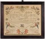 EPHRATA, PENNSYLVANIA PRINTED FOLK ART TAUFSCHEIN FRAKTUR by Samuel Baumann, watercolor and ink on printed paper, sold Nov 2025