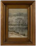FROM THE STUDIO WINDOW WINTER LANDSCAPE PAINTING by Mary B. Leisz, oil on canvas, sold Nov 2025