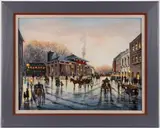 HISTORICAL CHRISTMAS STREET SCENE by Mary Ann Vessey, oil / acrylic on board, sold Nov 2025