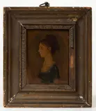 ATTRIBUTED, FOLK ART MINIATURE PORTRAIT OF A YOUNG LADY by Francis Cezeron, oil on poplar panel, sold Nov 2025