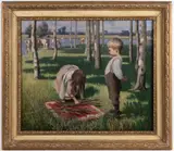 BRITISH IMPRESSIONIST , GATHERING FIREWOOD PAINTING by Janet C. Fisher, oil on canvas, sold Nov 2025