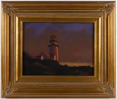 CAPE COD, MASSACHUSETTS COASTAL LANDSCAPE WITH LIGHTHOUSE by Robert Cardinal, oil on canvas, sold Nov 2025