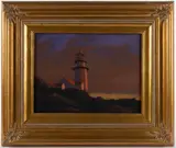 CAPE COD, MASSACHUSETTS COASTAL LANDSCAPE WITH LIGHTHOUSE by Robert Cardinal, oil on canvas, sold Nov 2025