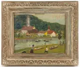 RIVERSIDE VILLAGE SCENE by Samuel Baldwin Pratt, oil on board, sold Nov 2025
