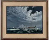 BAY BUY BOAT NAUTICAL PAINTING by Will Haddon, oil on board, sold Nov 2025