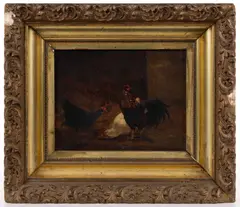 BARNYARD SCENE WITH CHICKENS AND ROOSTER by Nicholas Winfield Scott Leighton, oil on canvas, sold Nov 2025