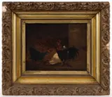 BARNYARD SCENE WITH CHICKENS AND ROOSTER by Nicholas Winfield Scott Leighton, oil on canvas, sold Nov 2025