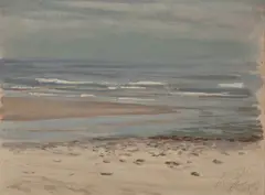Beach scene by Robert R. Bliss, 1963, oil on canvas (unstretched), sold Jun 2020