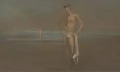 Boy at the beach by Robert R. Bliss, 1962, oil on masonite, sold Jun 2020
