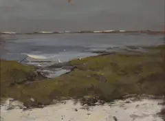 Beach with boat by Robert R. Bliss, oil on canvas, sold Jun 2020