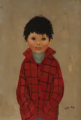 Boy in a red coat by Nadi Ken, oil on paper board, sold Jun 2020