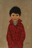 Boy in a red coat by Nadi Ken, oil on paper board, sold Jun 2020