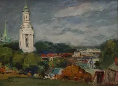 Untitled (Small town) by Albert Lorey Groll, oil on board, sold Jun 2020