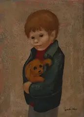 Boy with a puppy by Nadi Ken, oil on paper board, sold Jun 2020