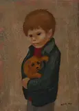 Boy with a puppy by Nadi Ken, oil on paper board, sold Jun 2020
