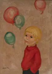 Boy with balloons by Nadi Ken, oil on paper board, sold Jun 2020