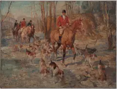 The Hunt, Picking Up The Trail by Arthur E. Becher, 1939, oil on canvas, sold Jul 2020