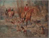 The Hunt, Picking Up The Trail by Arthur E. Becher, 1939, oil on canvas, sold Jul 2020
