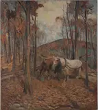 Autumn Feeding, Two Work Horses by Arthur E. Becher, oil on canvas, sold Jul 2020