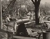 Untitled (Pipeline construction in a New England town) by Edward Arthur Wilson, 1945, lithograph, sold Jul 2020