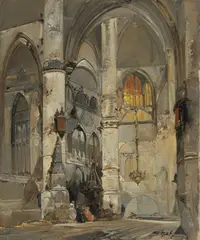 Cathedral Interior by Jan de Vogel, oil on canvas (unstretched), sold Jul 2020