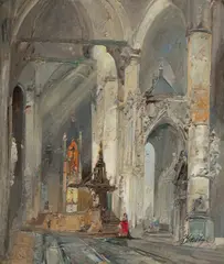 Cathedral Interior in Prayer by Jan de Vogel, oil on canvas (unstretched), sold Jul 2020