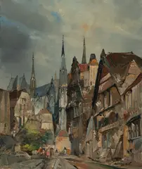 Cathedral Exterior Stormy Skies in Leiden by Jan de Vogel, oil on canvas (unstretched), sold Jul 2020