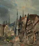 Cathedral Exterior Stormy Skies in Leiden by Jan de Vogel, oil on canvas (unstretched), sold Jul 2020