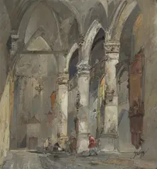 Cathedral Interior with Monk by Jan de Vogel, oil on canvas (unstretched), sold Jul 2020