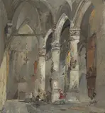 Cathedral Interior with Monk by Jan de Vogel, oil on canvas (unstretched), sold Jul 2020