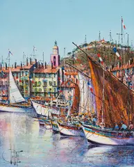 St. Tropez Harbor by Guy Dessapt, oil on canvas (unstretched), sold Jul 2020