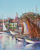 St. Tropez Harbor by Guy Dessapt, oil on canvas (unstretched), sold Jul 2020
