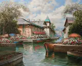 Flower Stand By The Barges by Pierre Latour, oil on canvas (unstretched), sold Jul 2020