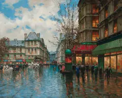 Evening Lights In The City by Pierre Latour, oil on canvas (unstretched), sold Jul 2020
