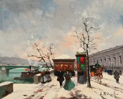 Left Bank Snow by Henri Schaeffer, oil on canvas (unstretched), sold Jul 2020