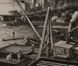 Untitled (Shipping yard) by Edward Arthur Wilson, 1945, lithograph, sold Jul 2020