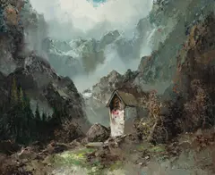 Alpine Chalet by Willi Bauer, oil on canvas (unstretched), sold Jul 2020