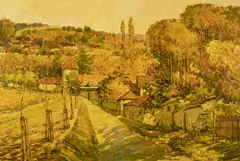 Fall Path through Village by Malva, oil on canvas (unstretched), sold Jul 2020