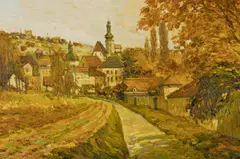 Autumn Path through Village by Malva, 1987, oil on canvas (unstretched), sold Jul 2020